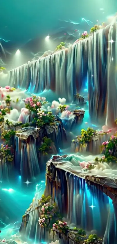 Fantasy landscape with cascading turquoise waterfalls and vibrant blossoms.