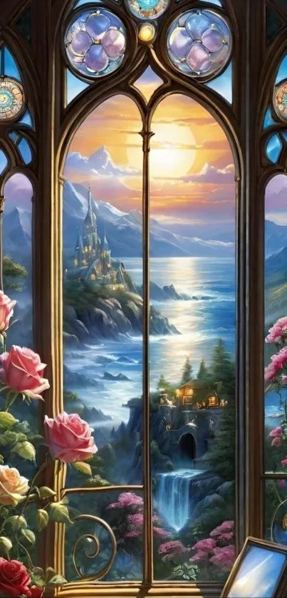 Gothic window framing a castle at sunset over a fantasy landscape.