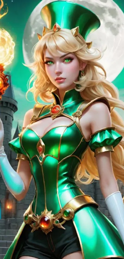 Fantasy sorceress with wand in green attire and castle background.