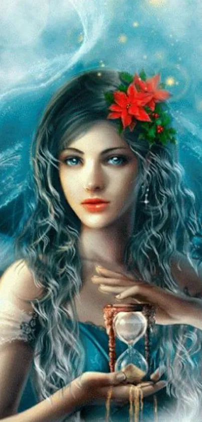 Fantasy woman with flowers and hourglass in a blue mystical setting.