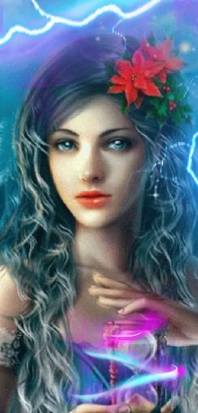 Mystical fantasy woman with lightning and red flower in her hair.