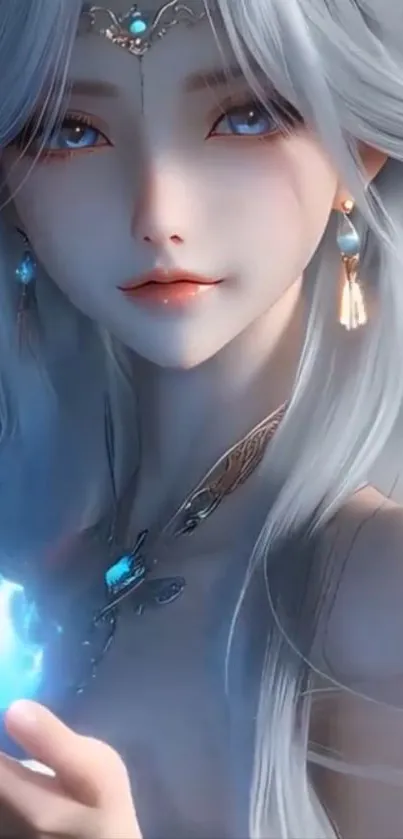 Fantasy woman holding a glowing orb in a magical scene.