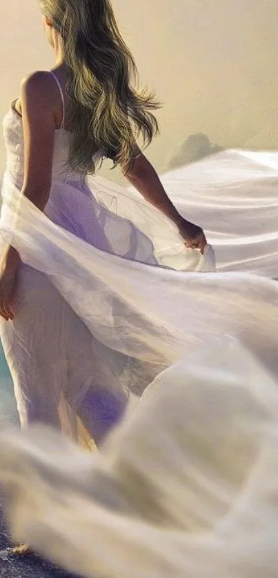 Ethereal woman in flowing white dress, fantasy theme