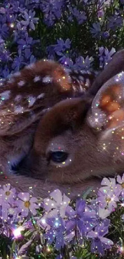 Fawn nestled in sparkling purple flowers wallpaper.