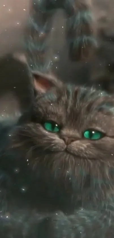 Whimsical cat with green eyes in a starry, dark gray backdrop.