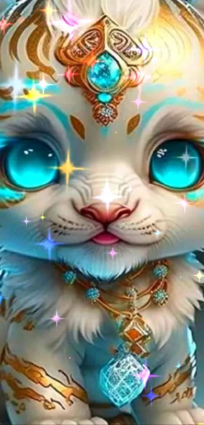 Charming feline with glowing cyan eyes and jeweled adornment on a dark background.