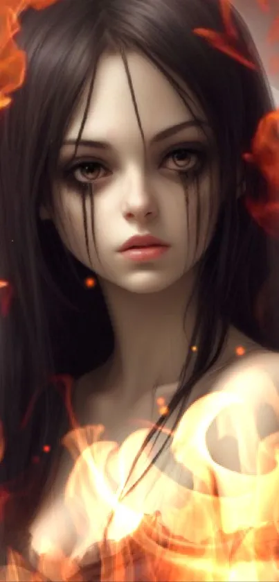 Enchanting girl with dark hair surrounded by fiery flames on a wallpaper background.