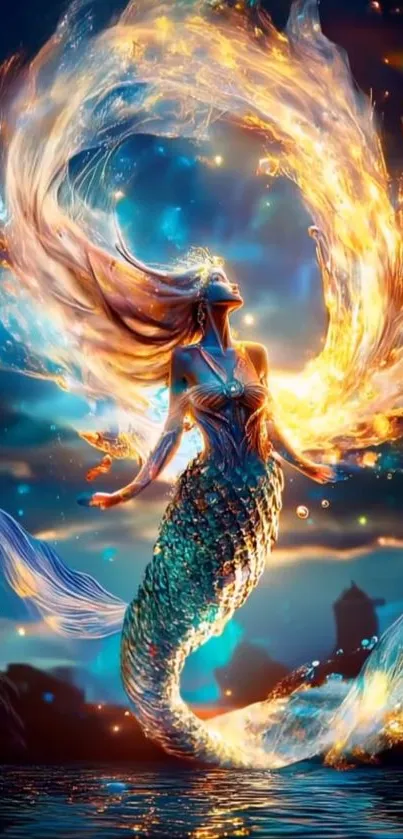 A mystical mermaid with fiery light.