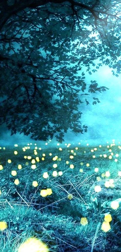 Mystical forest with glowing fireflies at night on mobile wallpaper.