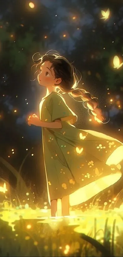 A girl stands surrounded by glowing fireflies in a green enchanting night scene.