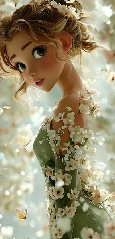 Anime girl in a floral dress surrounded by blossoms.
