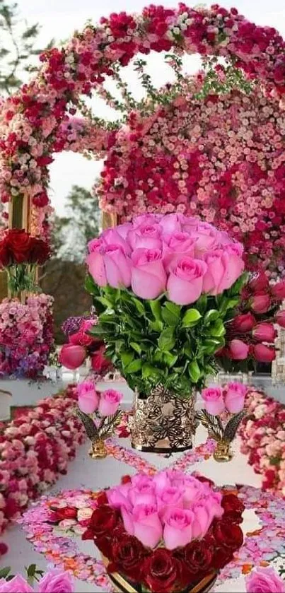 Pink floral archway with roses in scenic garden.