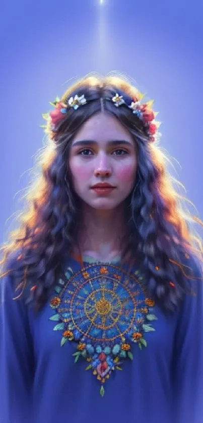 Artistic portrait of a young woman with a floral crown on a blue background.