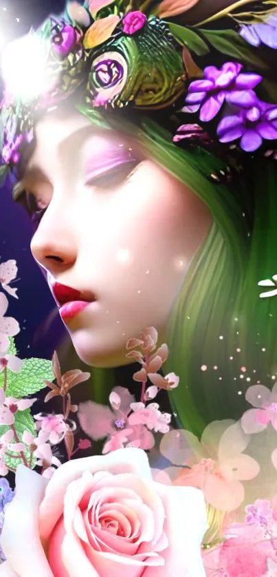 Mystical floral art wallpaper with serene woman and pink flowers.