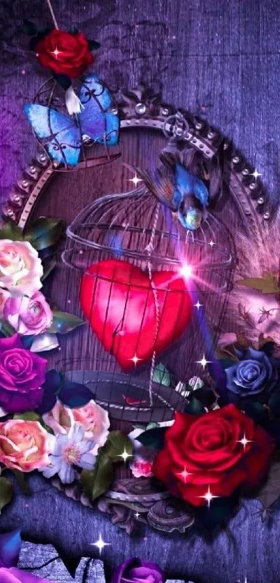 Heart in cage with roses and butterfly in vibrant colors.