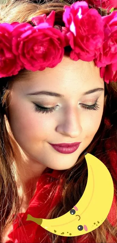 Woman with pink rose crown in a lush garden.