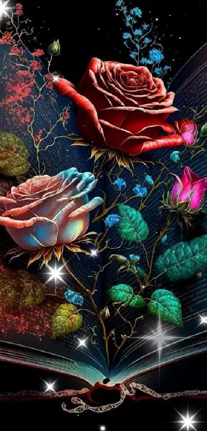 Artistic wallpaper with an open book and blooming roses.