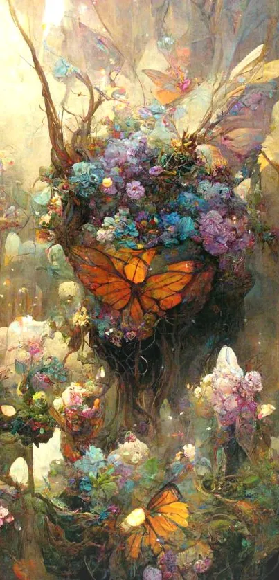 Enchanting wallpaper with butterflies and flowers in fantasy style.