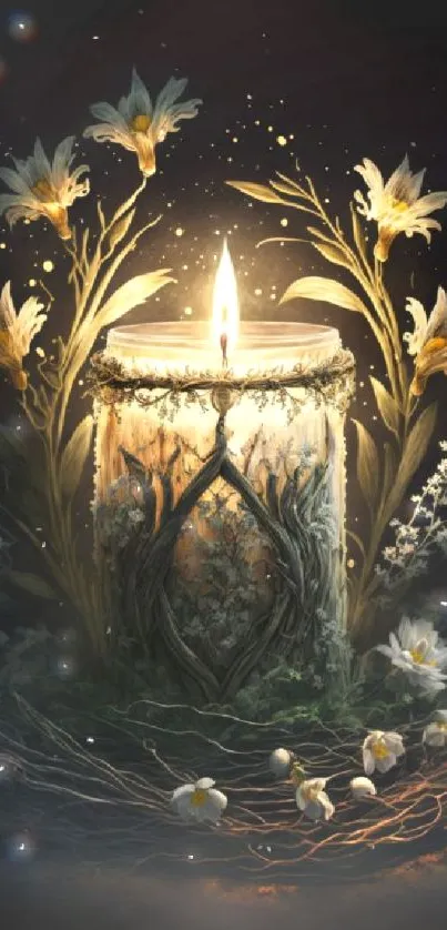 A glowing candle surrounded by delicate flowers in a dark, mystical setting.