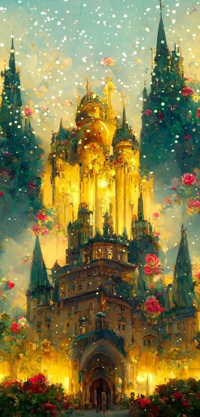 Golden castle surrounded by vibrant flowers in a mystical setting.