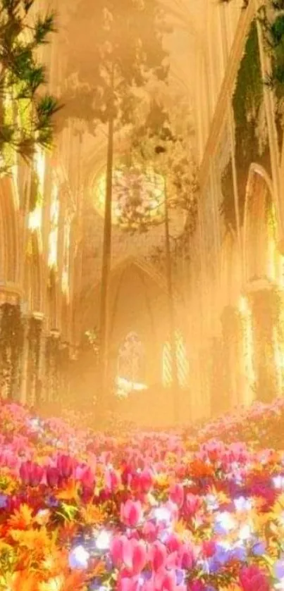 Dreamy cathedral with vibrant flowers and golden light.