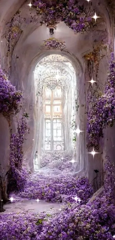 Enchanting corridor with purple flowers and sunlight-filtered window.