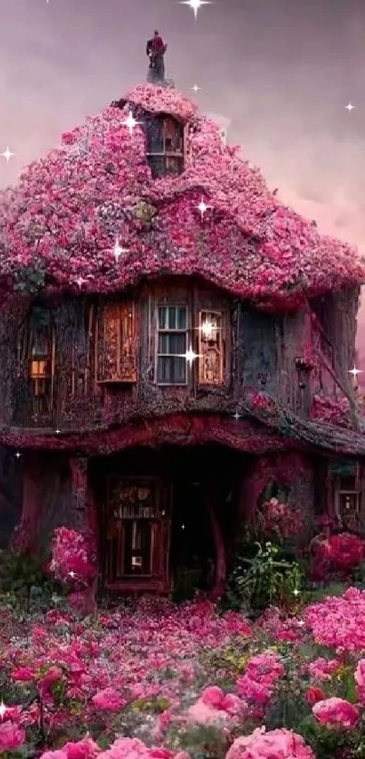 Magical cottage surrounded by vibrant pink flowers in a dreamy, enchanting setting.