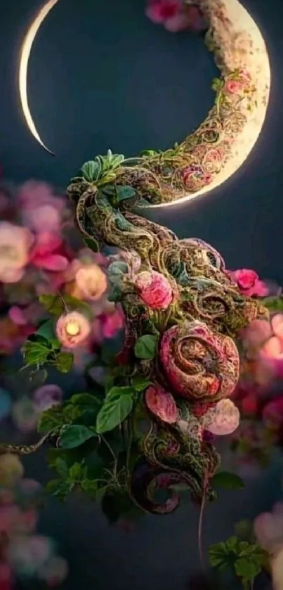 Enchanted crescent moon with floral cascade
