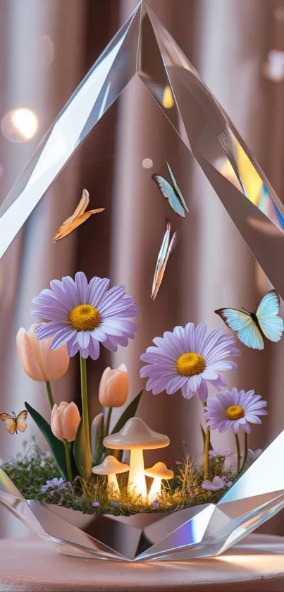 Floral crystal with daisies and butterflies in elegant design.