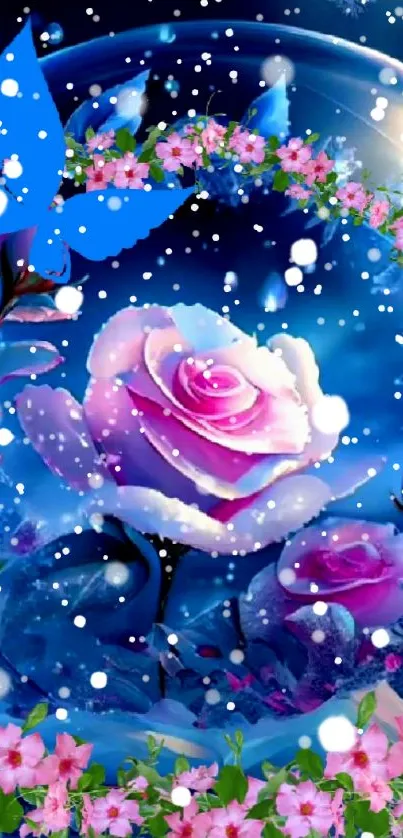 Enchanting pink rose in blue globe with butterfly.