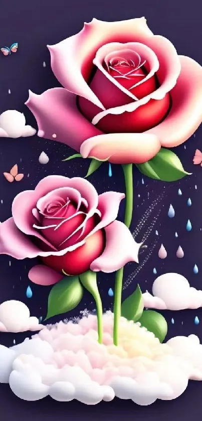 Artistic mobile wallpaper with pink roses and clouds.