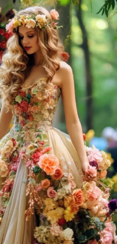 Woman in floral dress amidst forest setting.