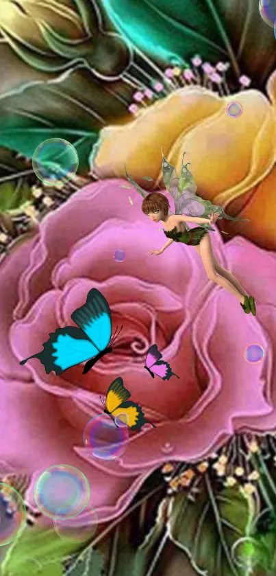 Fantasy wallpaper with pink flowers, fairies, and butterflies.