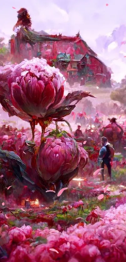 Surreal pink floral fantasy landscape with cottages and oversized flowers.