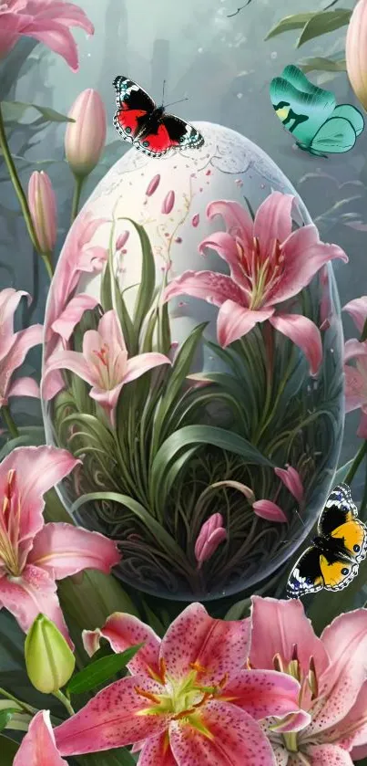 Fantasy art with pink lilies and butterflies in an enchanting garden scene.