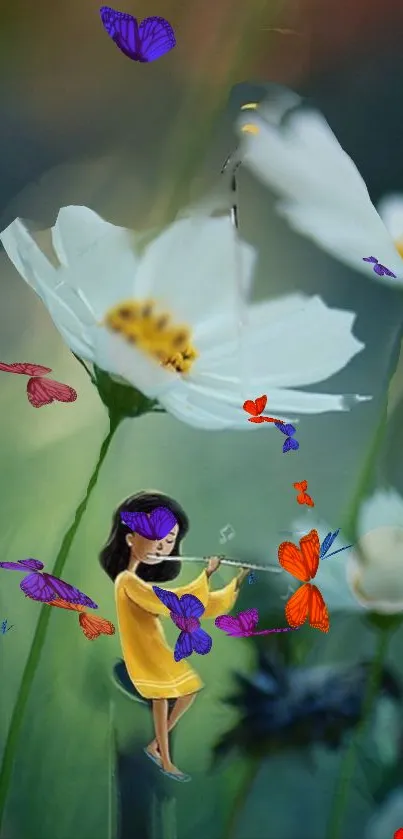 Whimsical girl playing flute with butterflies in a floral fantasy scene.