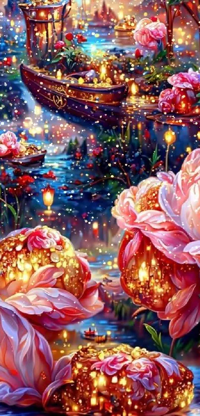 Enchanting floral fantasy wallpaper with glowing colors and serene waterway.