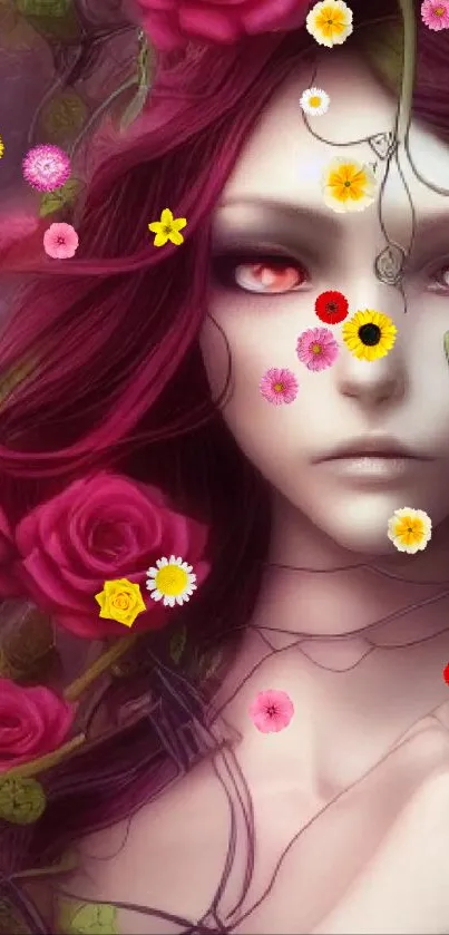 Fantasy character surrounded by pink roses and vines.