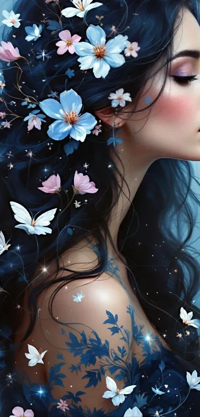 A mystical woman with floral and butterfly decorations.
