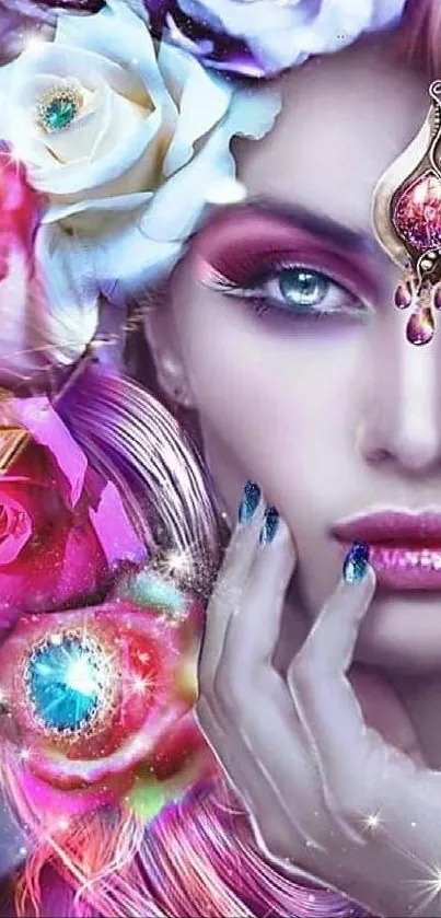 Mystical woman with floral headdress in colorful fantasy wallpaper.