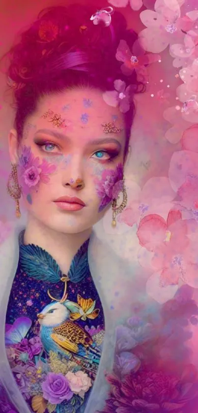 Colorful portrait of a woman in floral fantasy theme for mobile wallpaper.