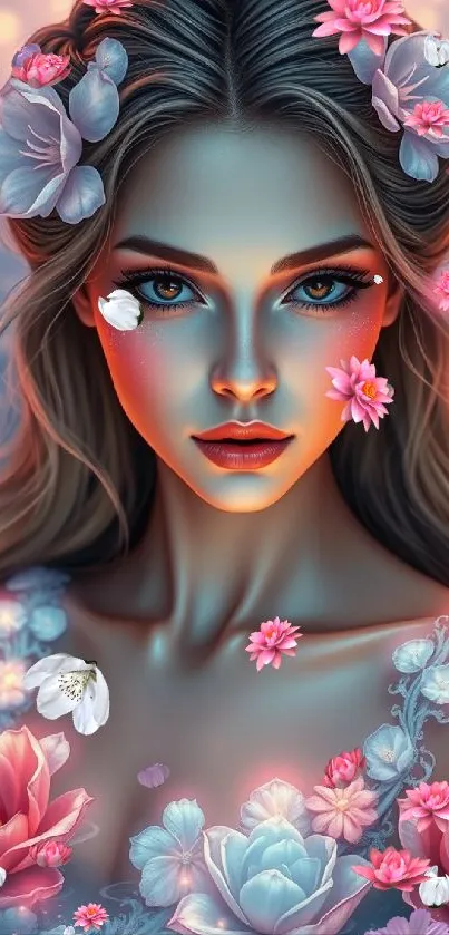 Fantasy floral portrait with vibrant colors and captivating allure.
