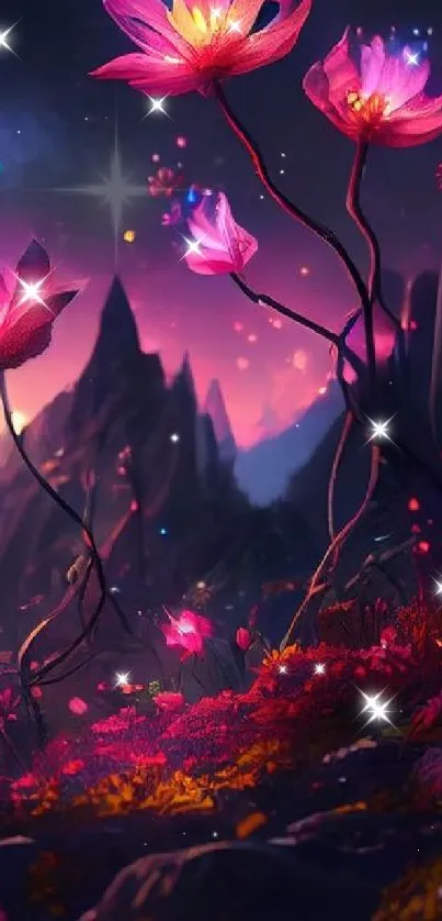 Enchanting fantasy scene with pink flowers and mountains.