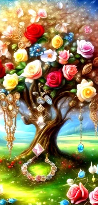 Magical tree with colorful flowers and jewels in a fantasy landscape.