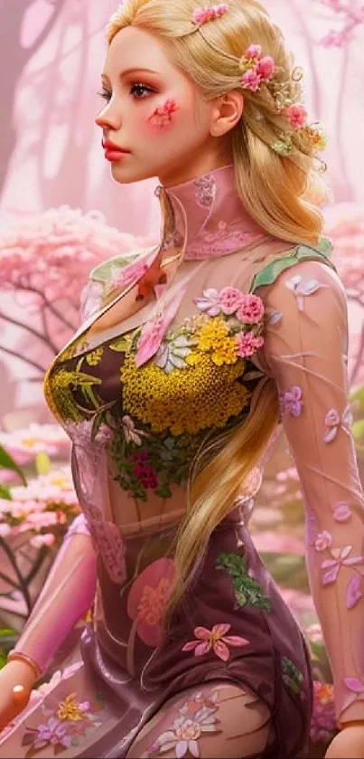 Blonde woman in floral dress standing amidst pink blossoms.