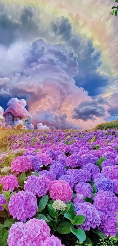 Whimsical landscape with purple flowers and a dramatic, colorful sky.