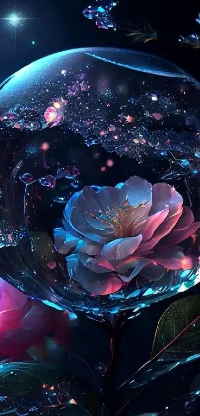 Galaxy-themed wallpaper with a glowing flower in a bubble and a starry backdrop.