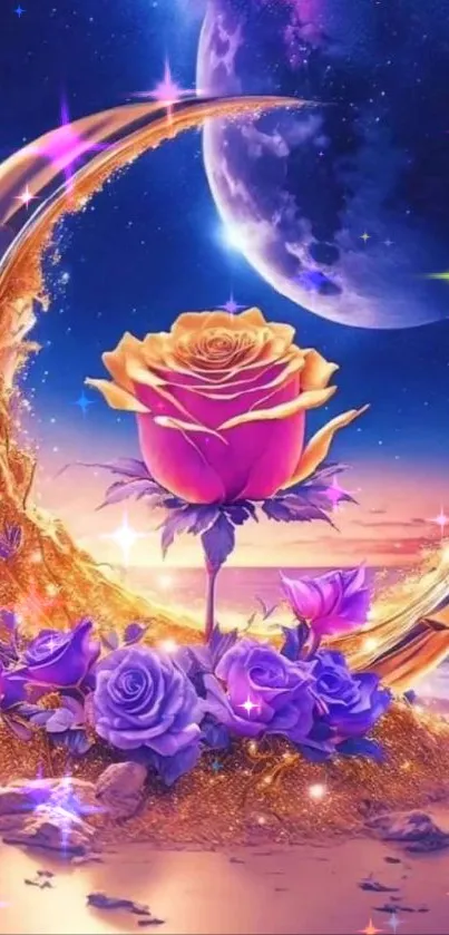 Surreal cosmic scene with purple roses and golden crescent moon.