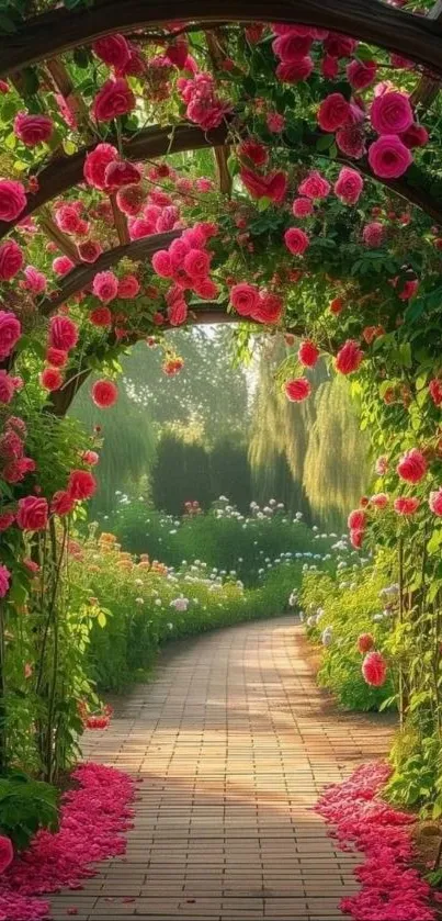 Enchanting garden pathway with vibrant floral arch.