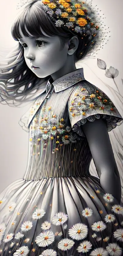 Artistic wallpaper of a girl in a floral dress with grayscale tones.